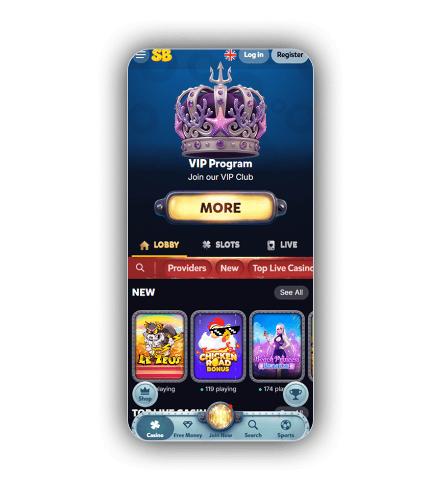 SpinBob lobby met VIP-kroon, de tabbladen LOBBY, SLOTS en LIVE en de rij NEW